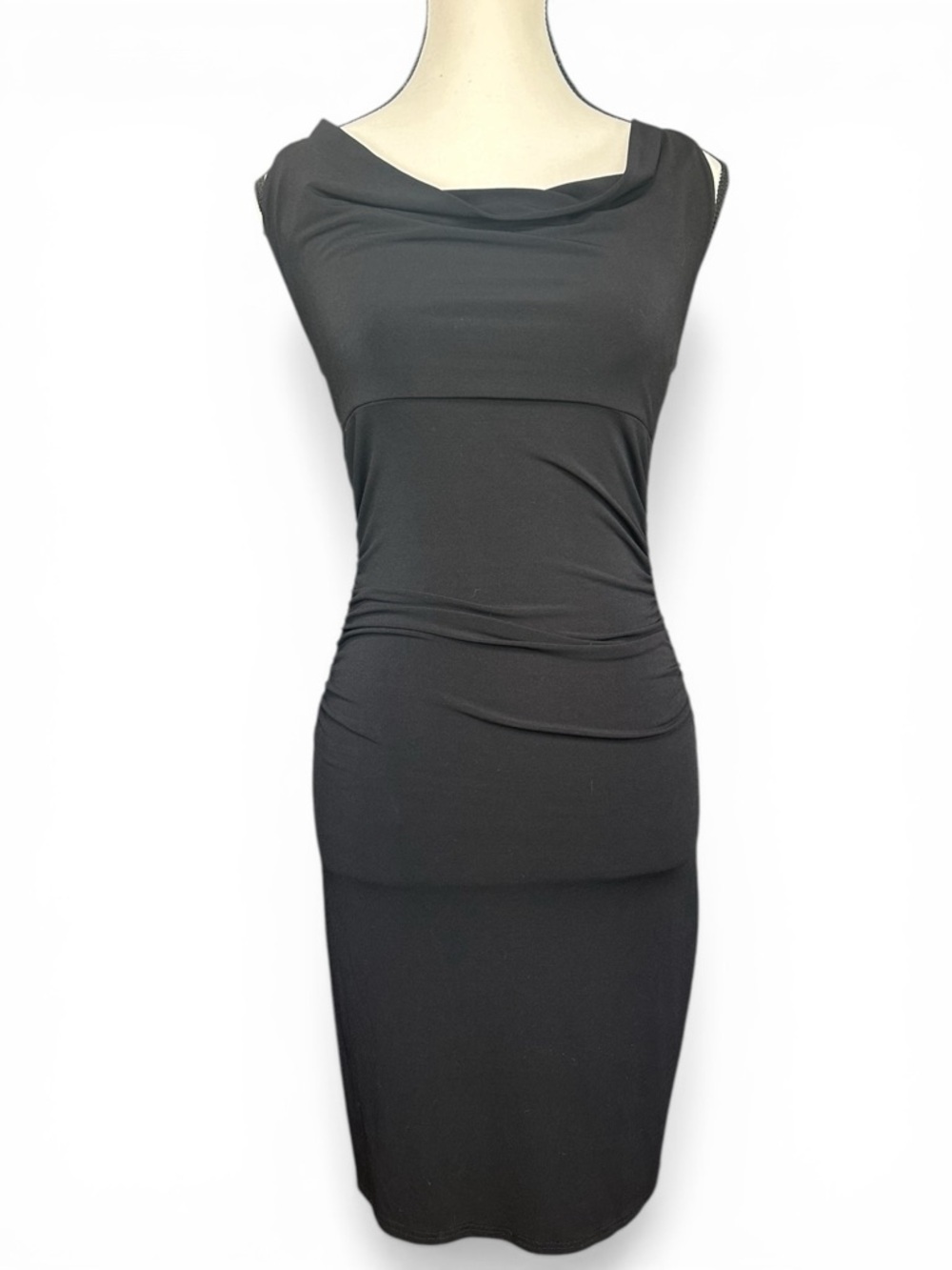 Le Chateau Blk Halter Dress S Sleeveless Ruched Bodycon Midi Open Back Stretch - Picture 2 of 7